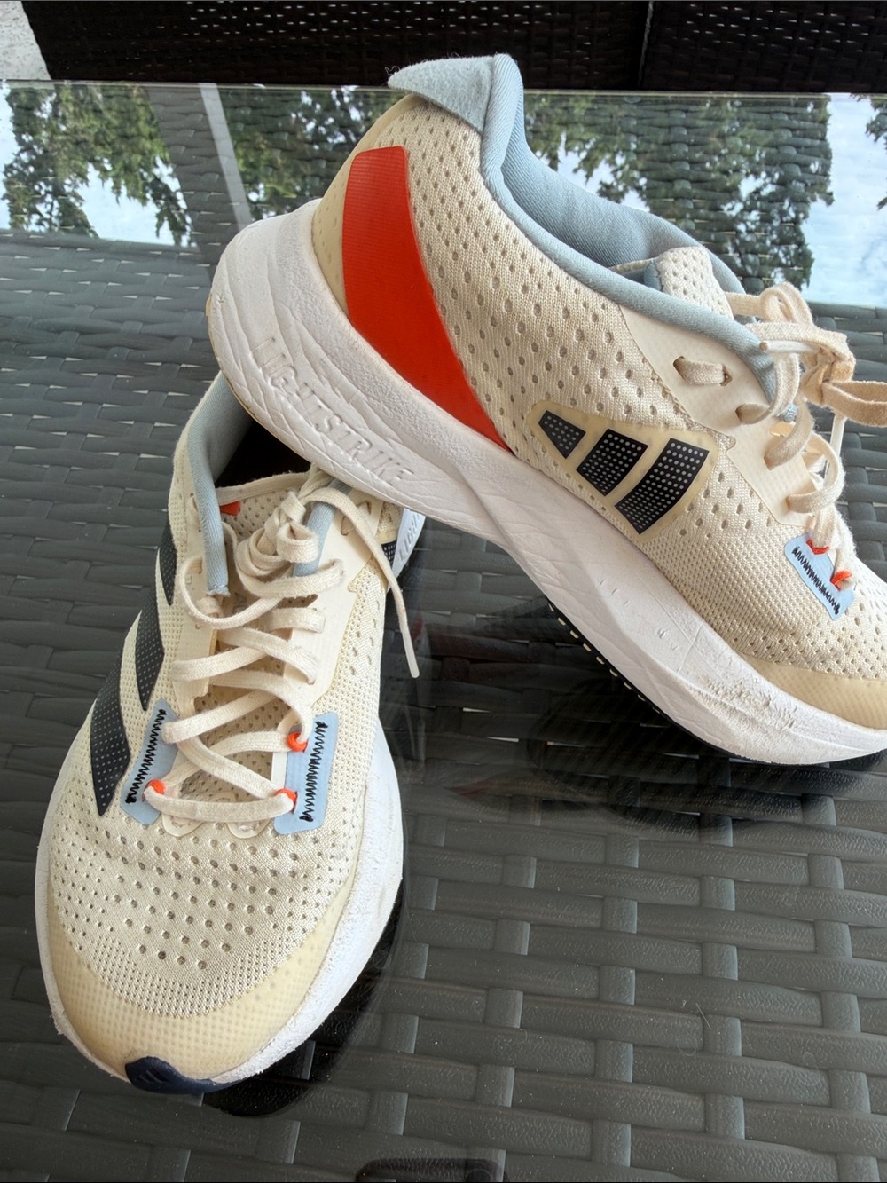 adidas Cream/Beige Kids Sneakers with Navy Stripes & Orange Heel Accent